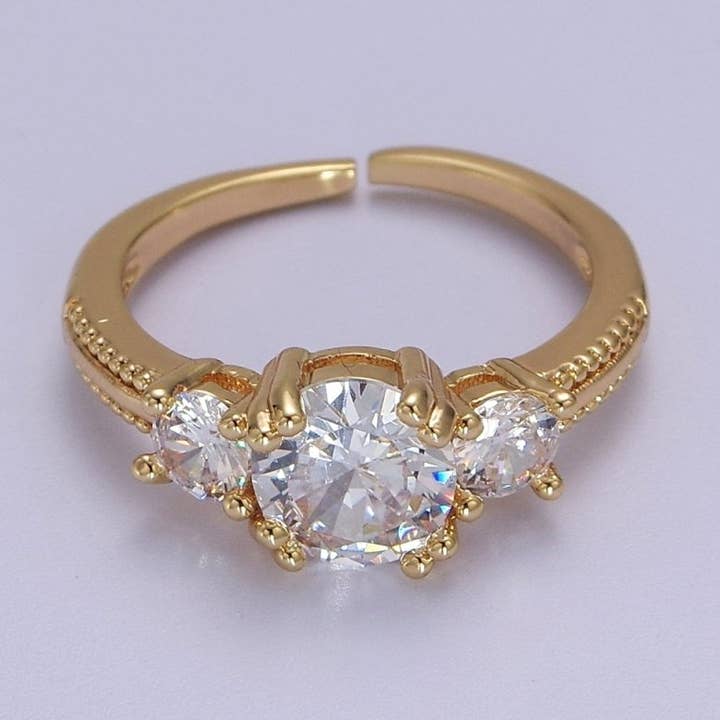 Art Deco Vintage 3-Stone Three Stone Round CZ Halo Anel de Noivado Band Dourado Anel ajustável aberto S-515 por atacado de Aim Eternal