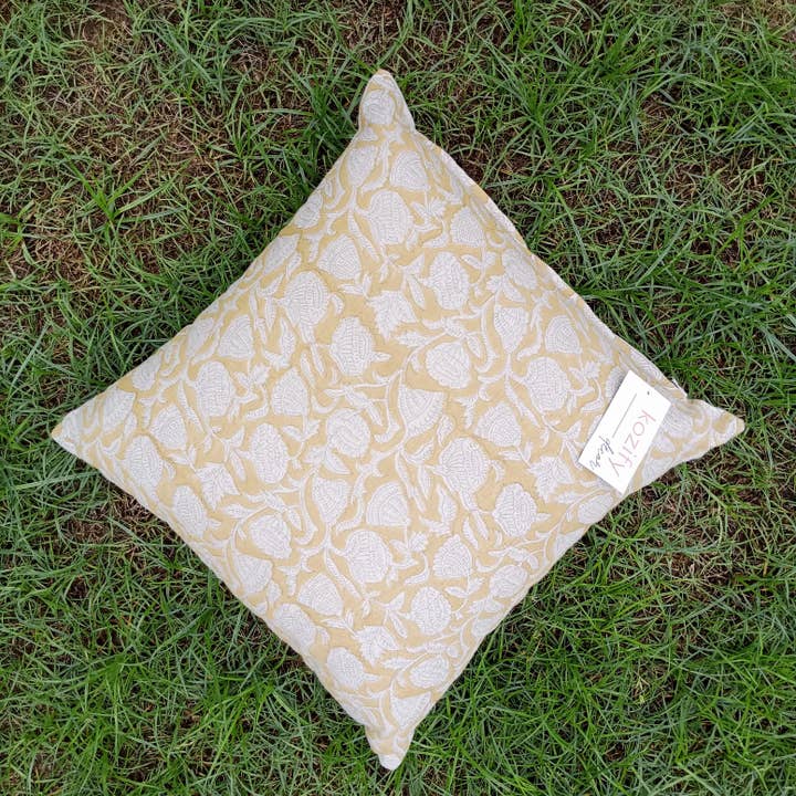 Linen Pillow Cover in Block Print - Yellow for wholesale by Kozify Decor Inc