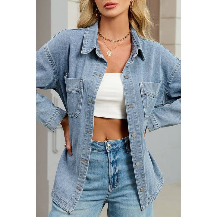 Casaco de Ganga Retro Lavado Casual com Racha Solta por atacado de Paperdoll