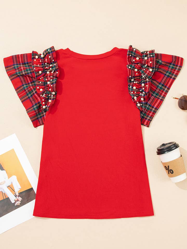 FASHION BLVD - Wholesale Blouse - Women's - FB Plaid Patchwork Pearl Beaded Ruffle Sleeve T-Shirt6