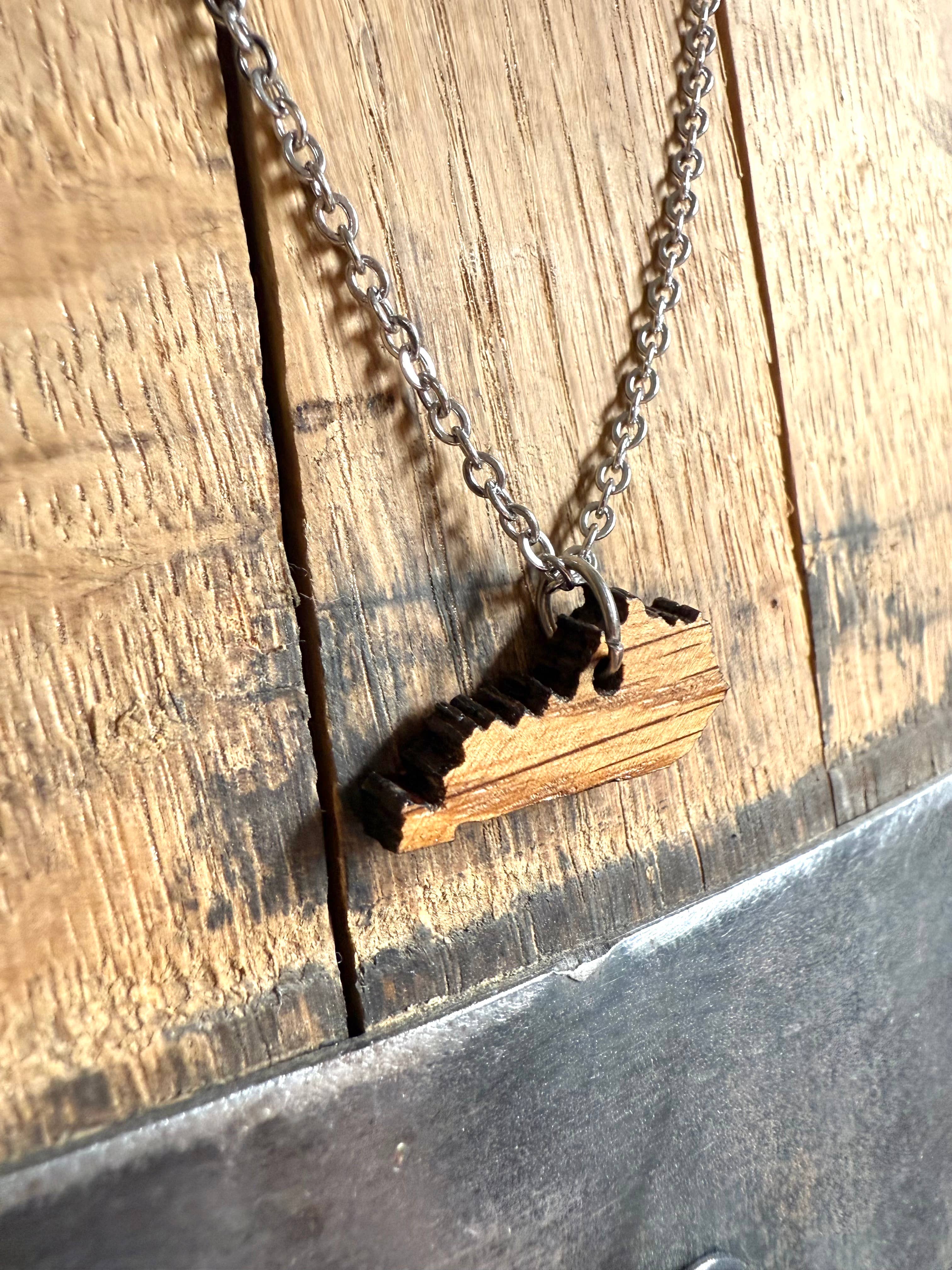 Brown Wood Kentucky Necklace made from Kentucky Bourbon Barrels. for wholesale on Faire3