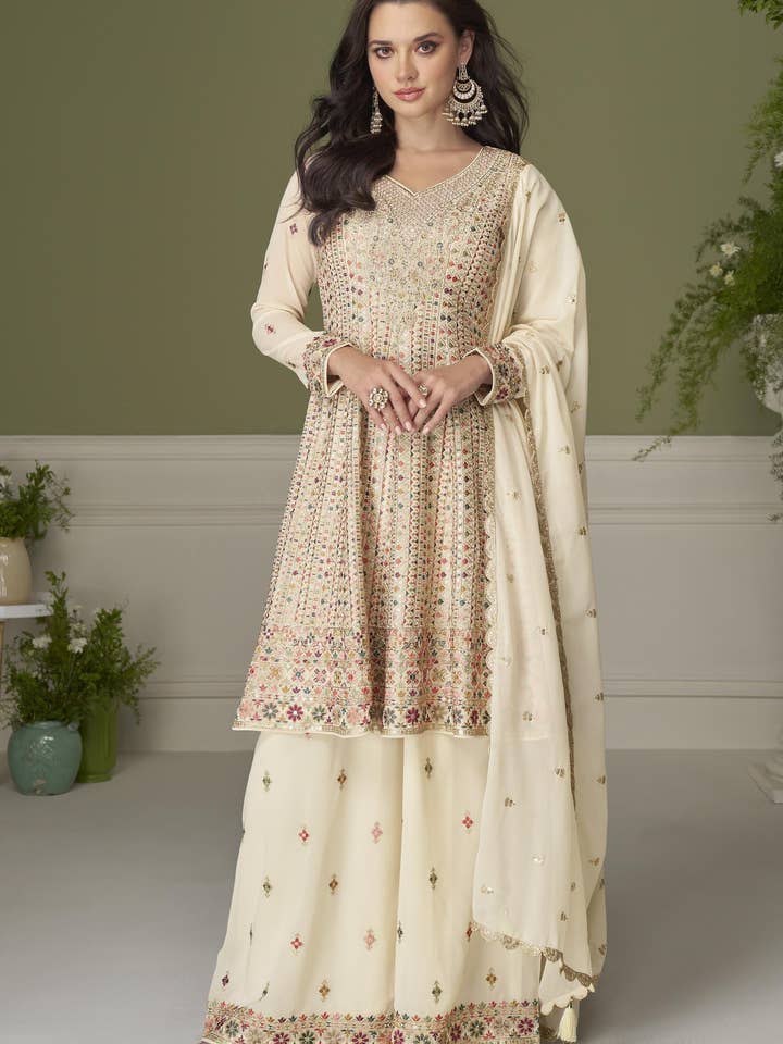 Cream Georgette Kameez With Palazzo For Indian & Pakistani Wedding Festival - Thread & Sequins Embroidery Work, Swarovski Work for wholesale by HATKE BRIDE