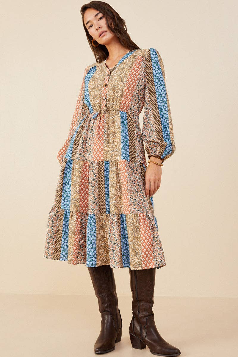 Mélange marron Robe à étages avec détails de boutons et imprimé pour femmes en vente sur Faire3