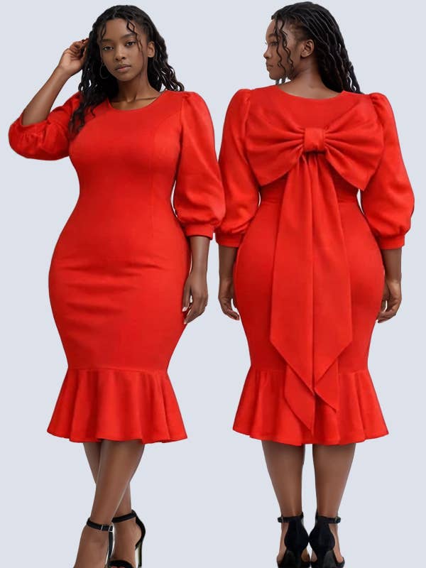 Bow Back Puff Sleeve Midi Dress for wholesale by J2 FASHION