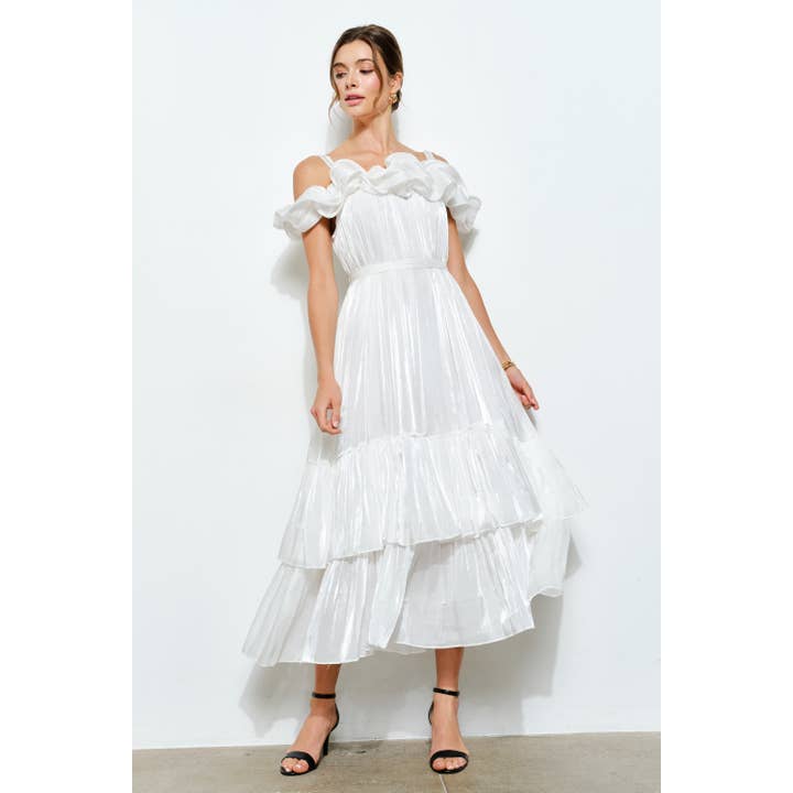 Shimmer Crinkled Off-shoulder Ruffle Tiered Dress for wholesale by INA