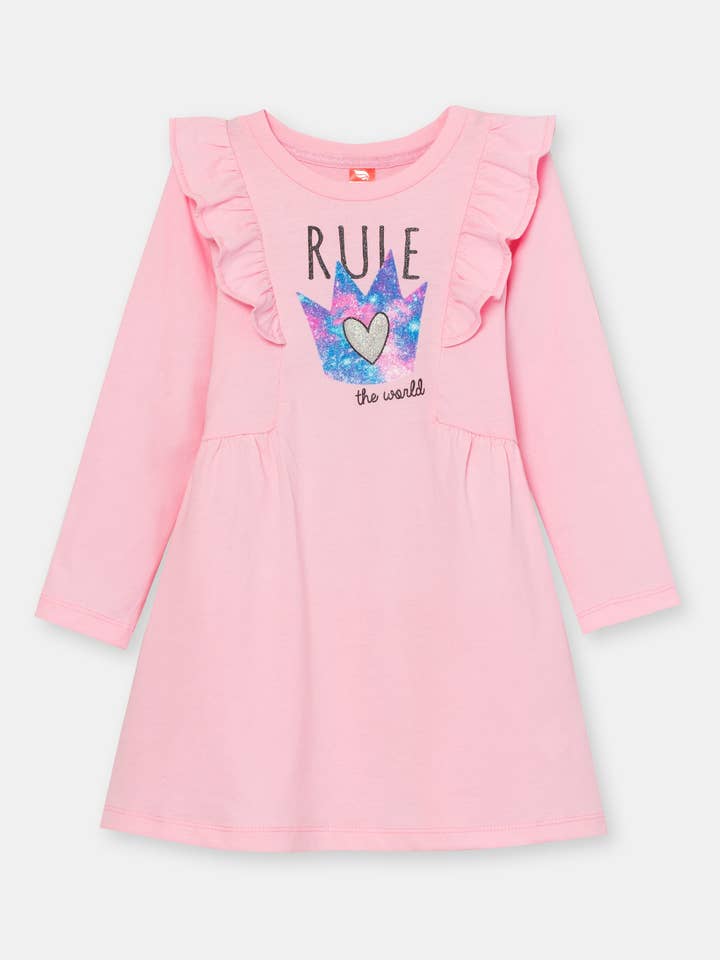 Girls Pink Dress with Rule the World Print for wholesale by Cherubino