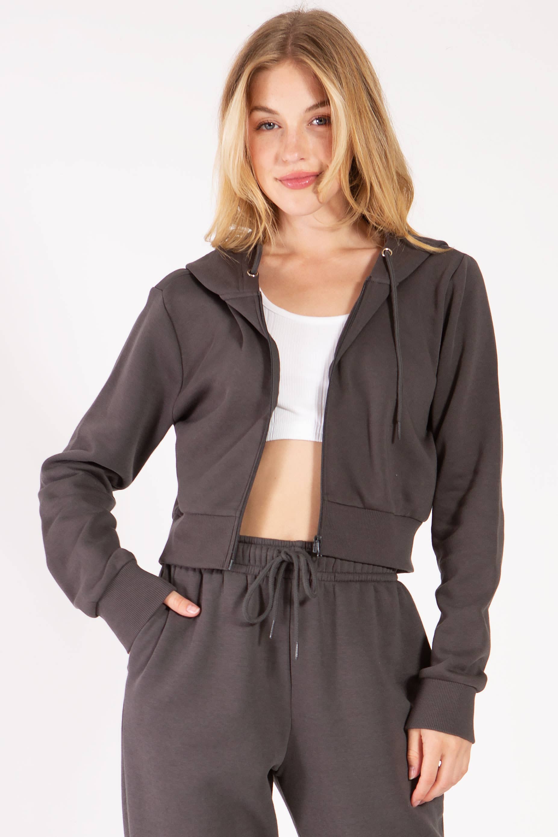 Color 5 - Wholesale Hoodie - Women's - Solid color fleece lined full zipper hoodie cropped jacket10