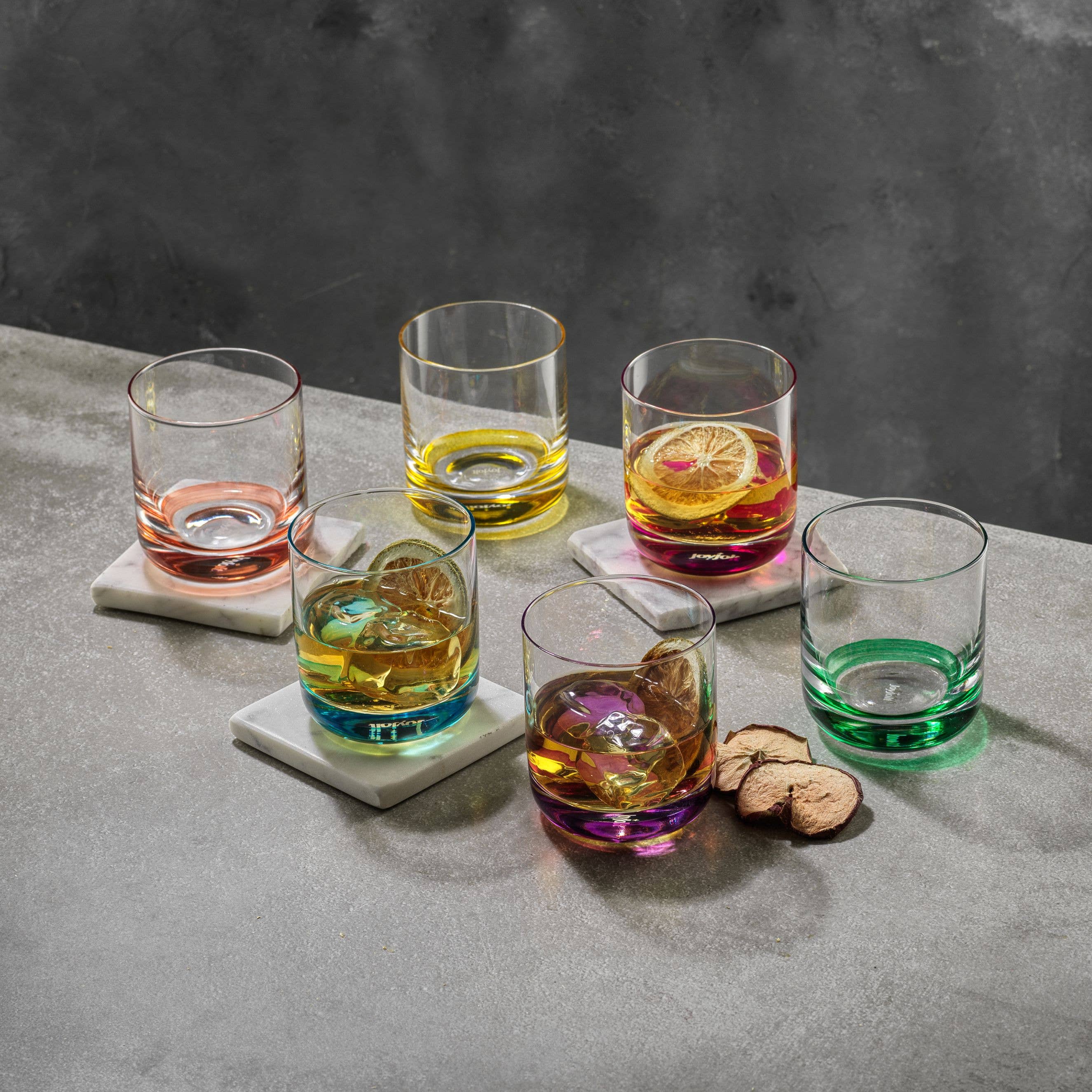 JoyJolt – Großhandel Cocktail-/Schnapsglas – JoyJolt Hue Whiskeyglas-Set, 6 bunte Gläser5