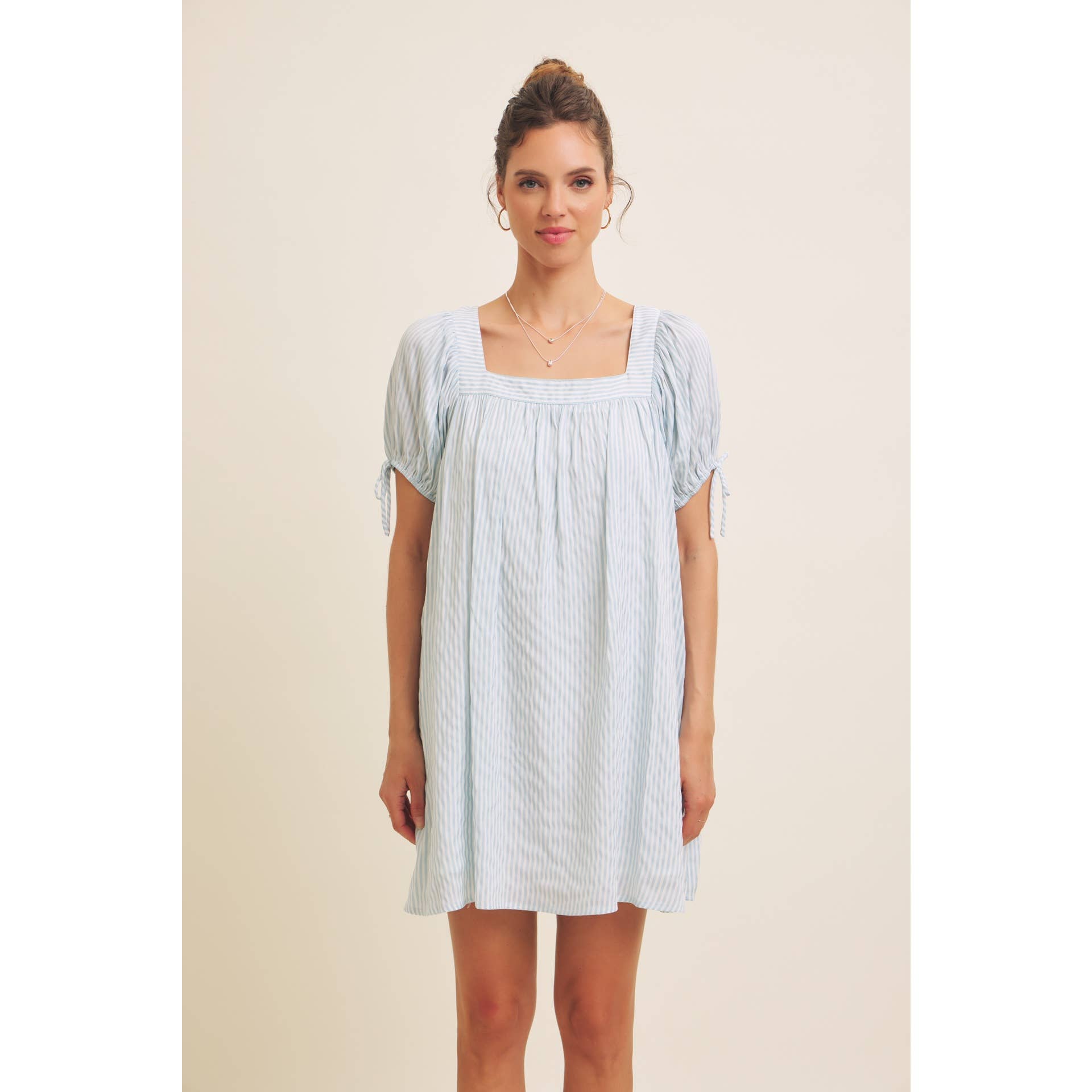 in february - Wholesale Dress - Women's - SQUARE NECK STRIPE FLARE MINI DRESS WITH BOW ON THE SLEEVES15