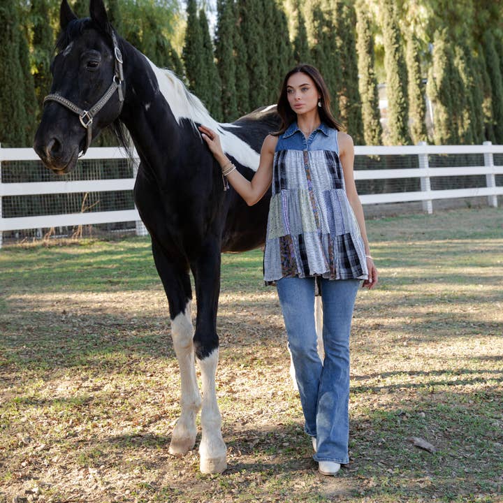 Young Threads - Wholesale Button Down Shirt - Women's - Boho Chic Nomad Patchwork Buttondown Top Sleevel (New Color)16