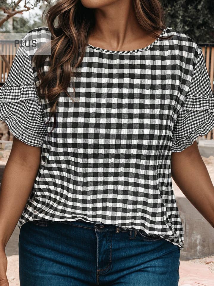 Blouse Patchwork à Manches Courtes à Volants à Carreaux Grande Taille pour la vente par 66DISCO