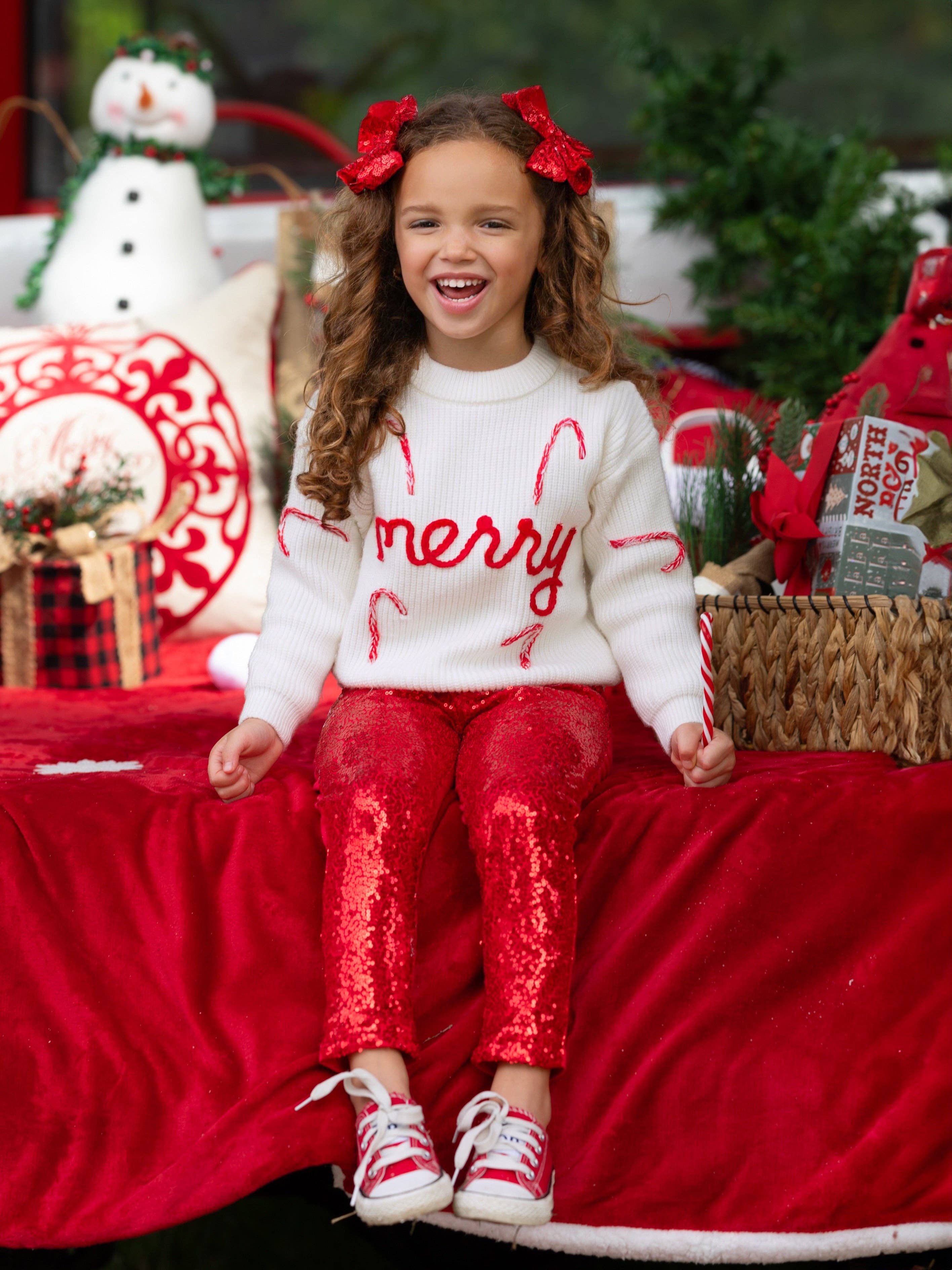 Merry Knit Sweater and Red Dazzling Sequin Pant Set for wholesale on Faire6