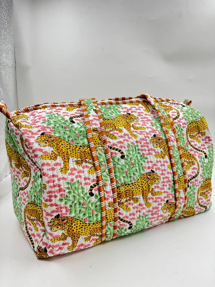 100% Cotton Kantha Quilted Boho Leopard Duffle ToteBag (Zip) for wholesale by Funky Yak Ltd