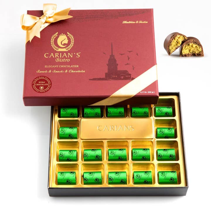 Carian's Bistro Chocolates - Wholesale Chocolate Box - Viral Dubai Chocolate Gift Box with Gold Ribbon Wrapped