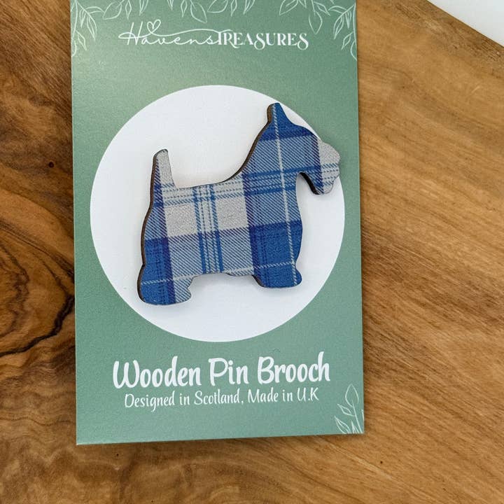 Scottie Dog Wooden Brooch Pin - Menzies Blue & White Tartan for wholesale by Havens Treasures