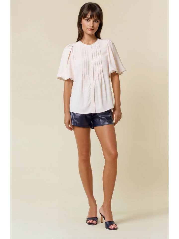 Doe and Rae - Wholesale Blouse - Women's - BUBBLE SHORT SLEEVE PINTUCK BUTTON DOWN BLOUSE - 44111T