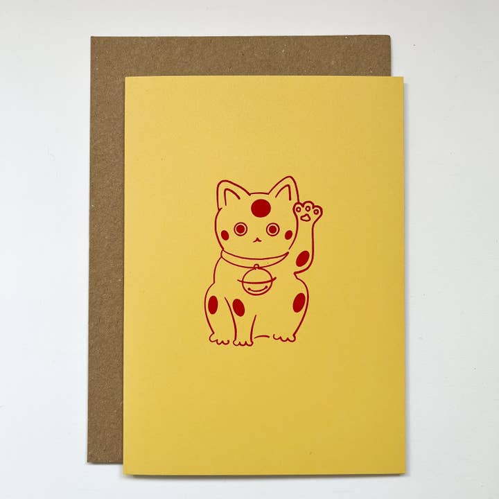 Manekineko - Japanese lucky cat hand foil block printed greeting card on recycled paper for wholesale by Takako Copeland