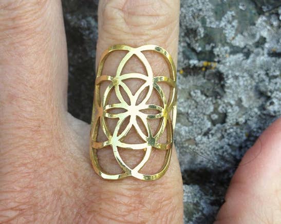 JAYA MOKSHA - Wholesale Band/Stacked Ring - Brass Seed of Life Ring / Sacred Geometry Gold Flower 1