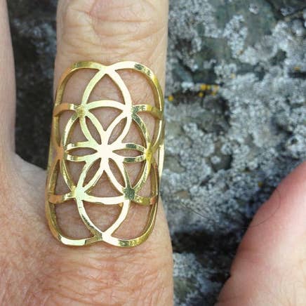 JAYA MOKSHA - Wholesale Band/Stacked Ring - Brass Seed of Life Ring / Sacred Geometry Gold Flower 1
