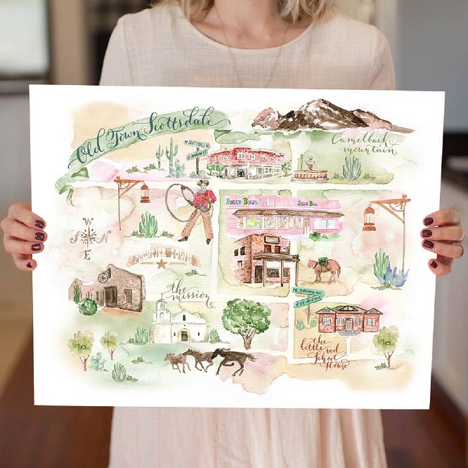 Watercolor Map of Old Town Scottsdale, Arizona for wholesale by Click Bloom