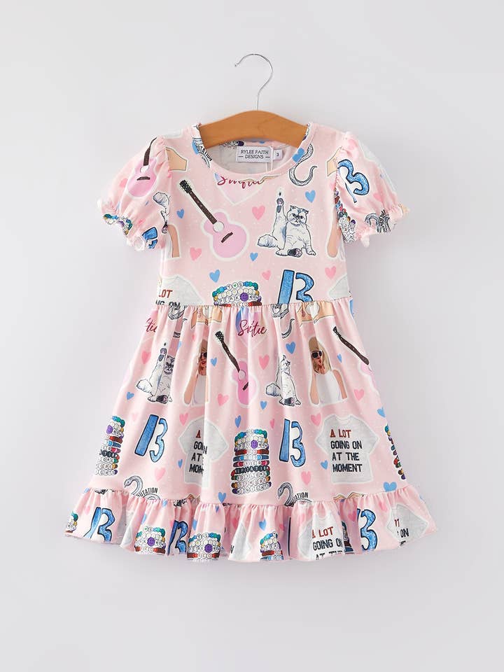 TS Guitar Cat Print Girls Milk Silk Dress for wholesale by Rylee Faith Designs