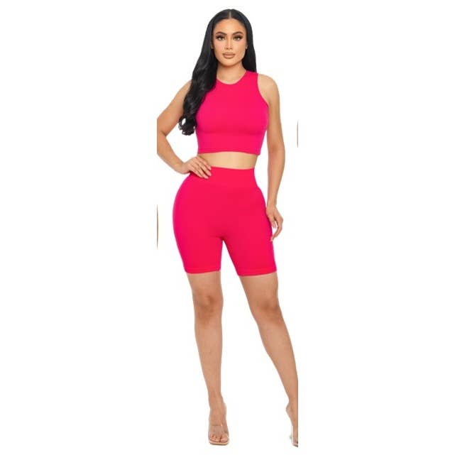 REGULAR SIZE WAFFLE SEAMLESS ROUND NECK CROP TOP WITH MATCHI for wholesale by Curve Market