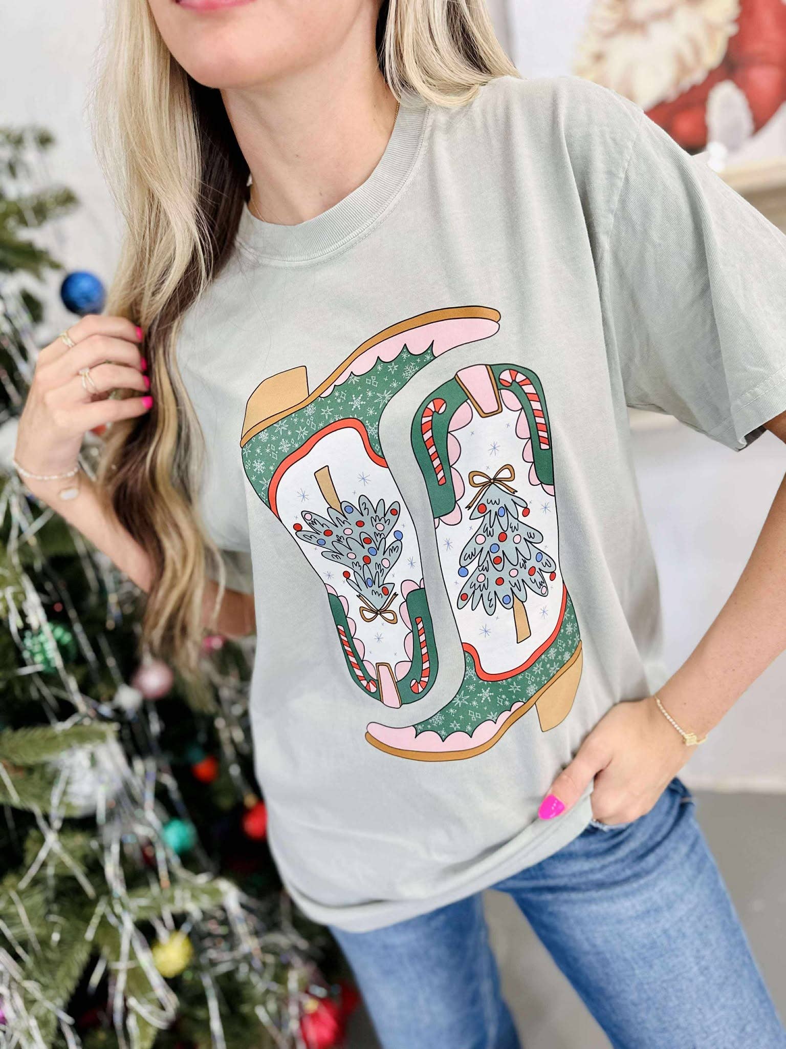 Bay Cowgirl Christmas Boots DTF Graphic Tee for wholesale on Faire