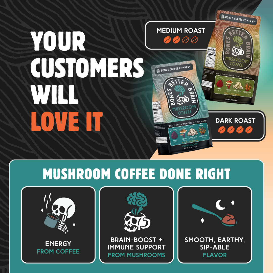 Bones Coffee Company - Wholesale Ground Coffee - Better Brain Mushroom Coffee | Medium Roast | 10oz2