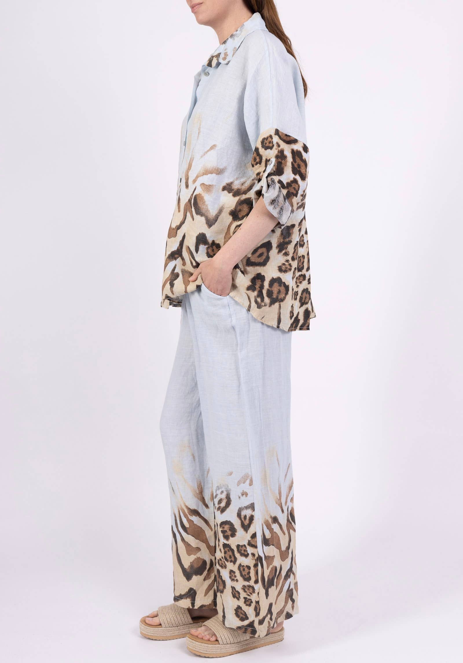 LINEN & COTTON HOUSE – Engroshandel Overdelssæt – til kvinder – Leopardmønstret hørskjorte og bukser sæt 09002 484032