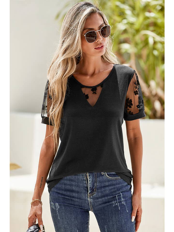 Black LDC Floral Lace Patchwork Crew Neck T Shirt for wholesale on Faire