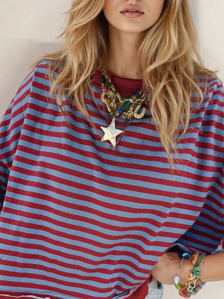 Haut à côtes contrastées avec coutures apparentes Andrea - Bleu pour la vente par Indie & Co. | Women's Apparel