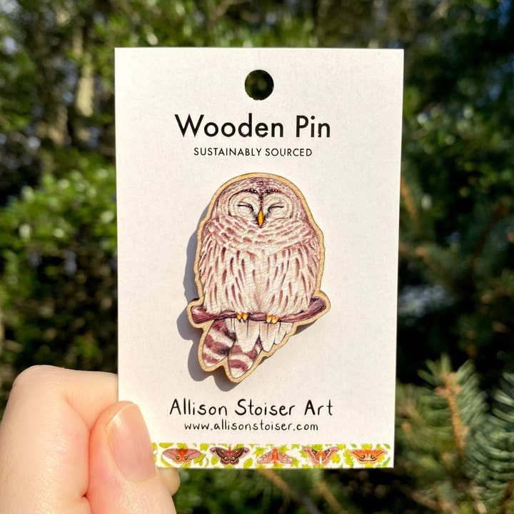 Cozy Barred Owl Wooden Pin (Sustainably Sourced) for wholesale by Allison Stoiser Art