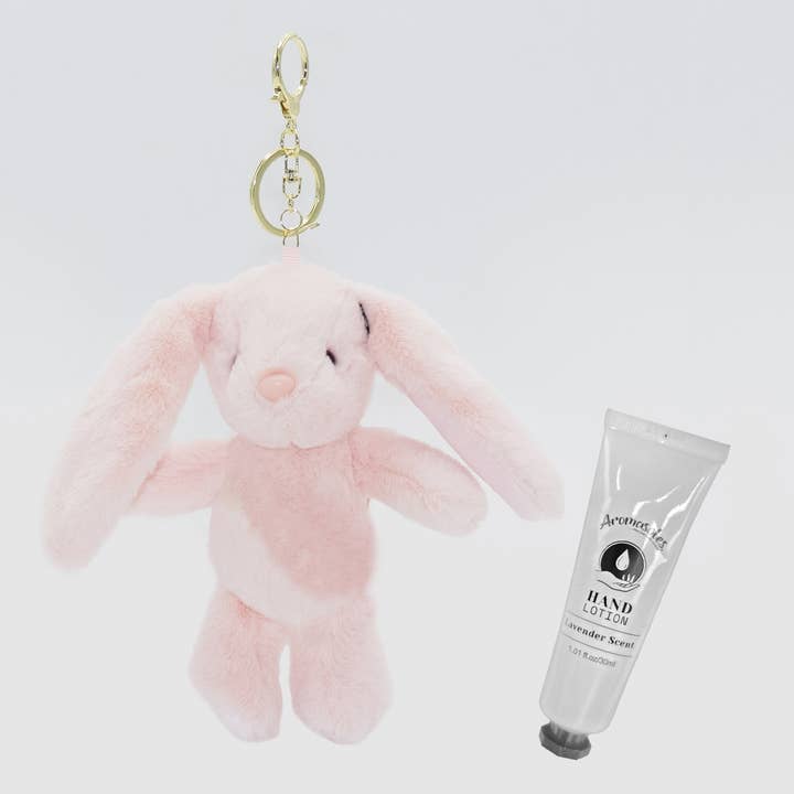 Lavender scented plush pink bunny keychain with hand lotion for wholesale by MinxNY