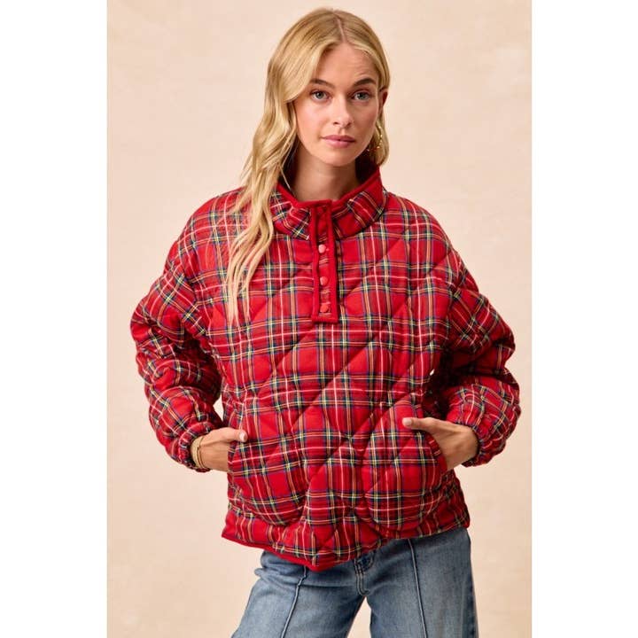 Top abotoado com padrão xadrez de tema natalício por atacado de IVE