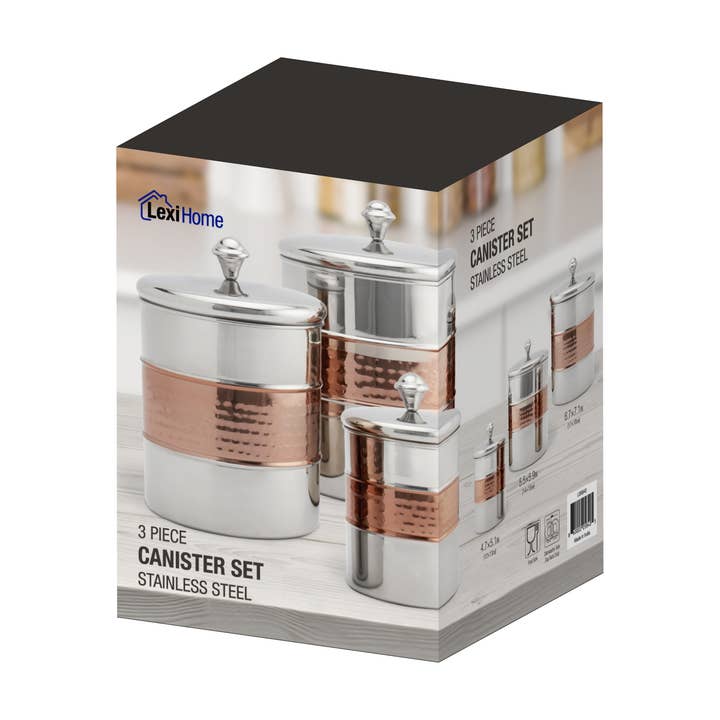 Lexi Home - Wholesale Canister Set - 3-Piece Stainless Steel & Copper Hammered Canister Set3