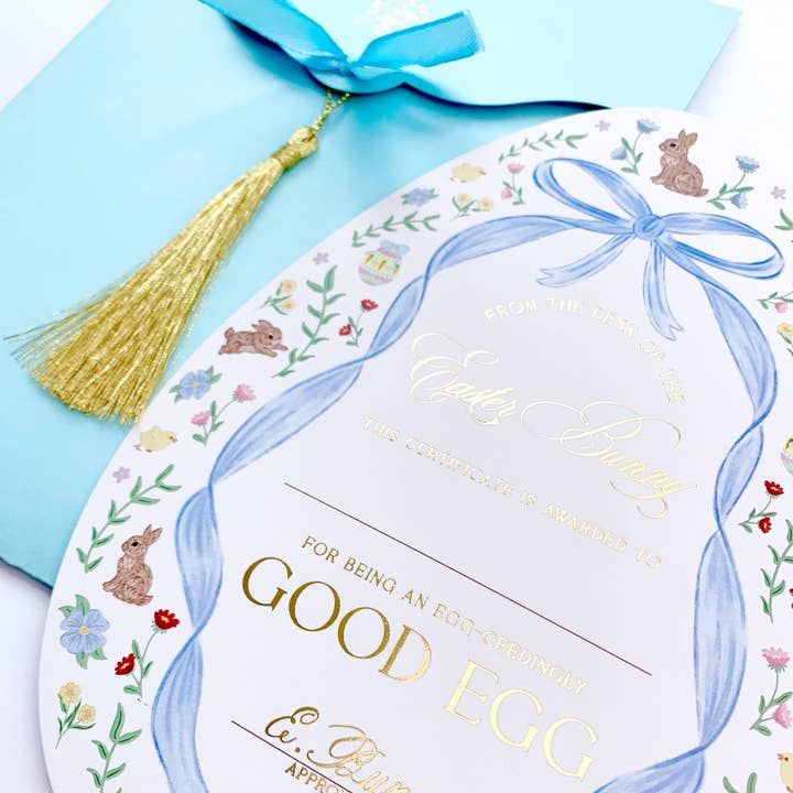 Black Bow Studio - Vente Cartes de Pâques - Certificat et enveloppe de bon œuf du lapin de Pâques bleu3