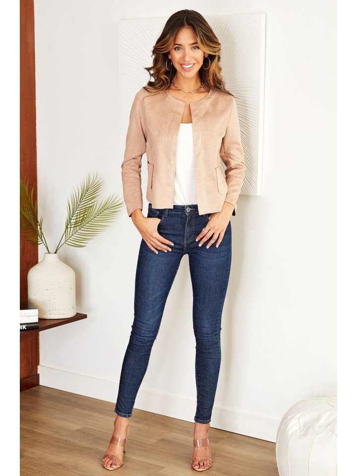 VENTI6 - Wholesale Jacket - Women's - RAW EDGE FAUX SUEDE OPEN JACKET WITH POCKETS(10210-CAMEL)4