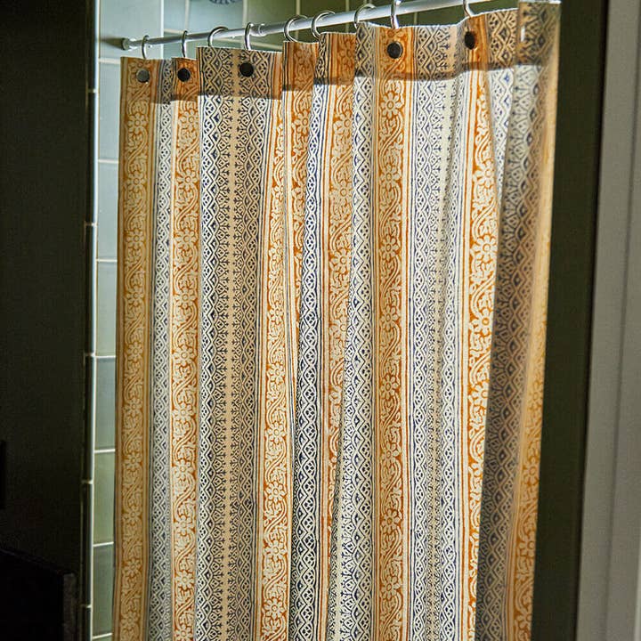 Anchal - Wholesale Shower Curtain - Floral Stripe Block Print Shower Curtain2