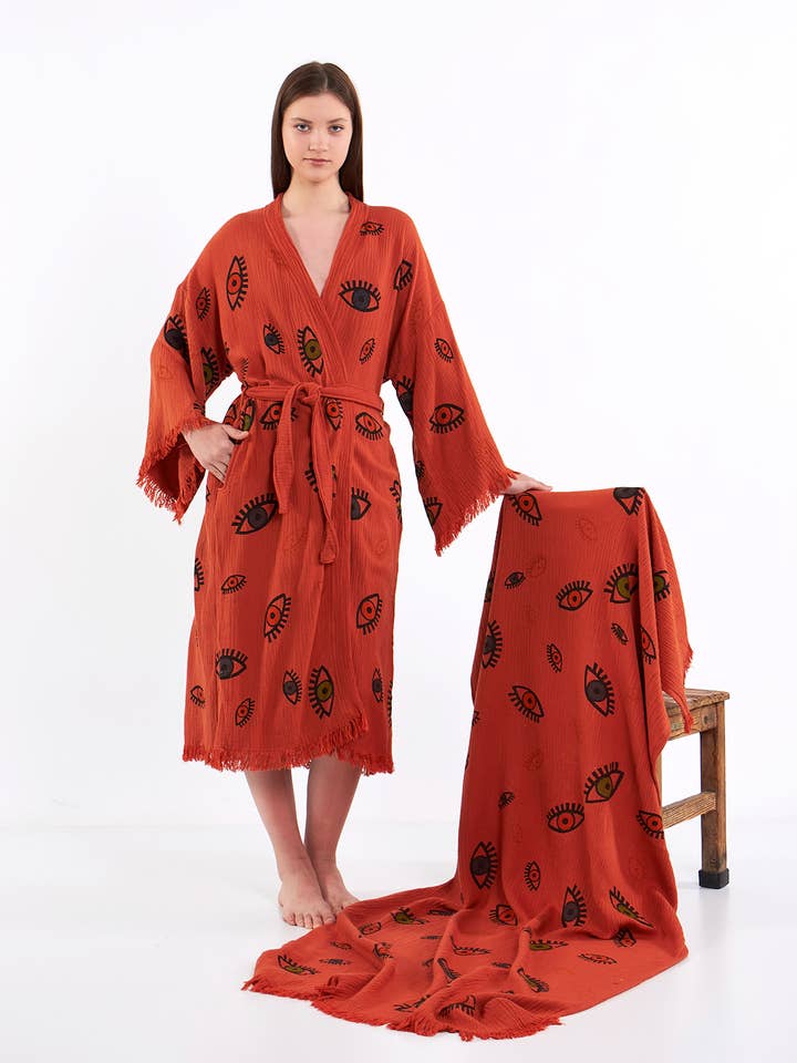 Colorful Eye Print Bathrobe Kimono Coverup Burnt Orange for wholesale by Yaz Concepts