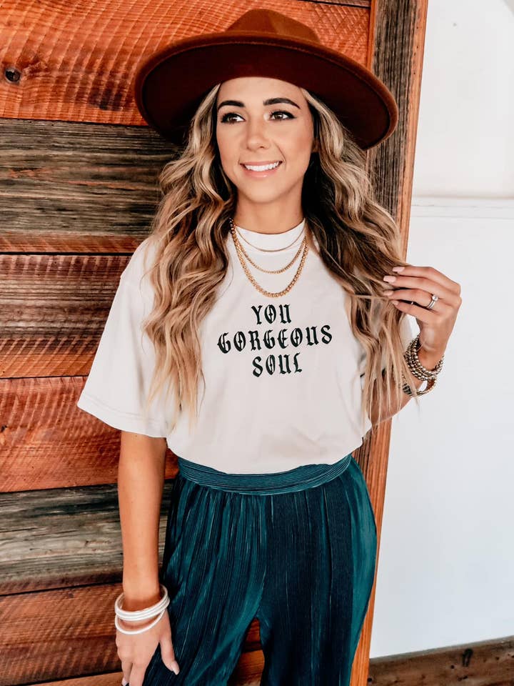 You Gorgeous Soul Sand Mock Neck Tee for wholesale by Southern Bliss Co.