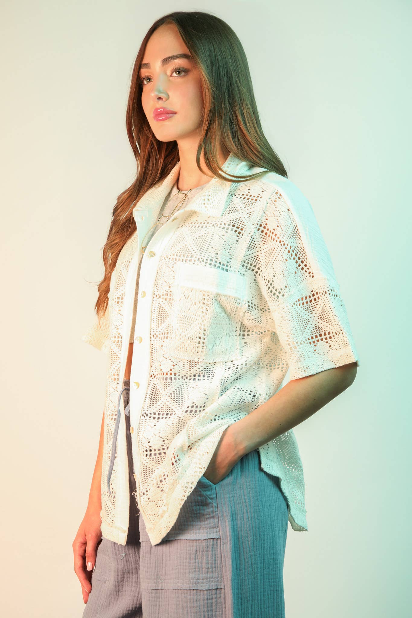 VERY J - Wholesale Jacket - Women's - NT12083-Oversized Crochet Button Down Shirt Top21