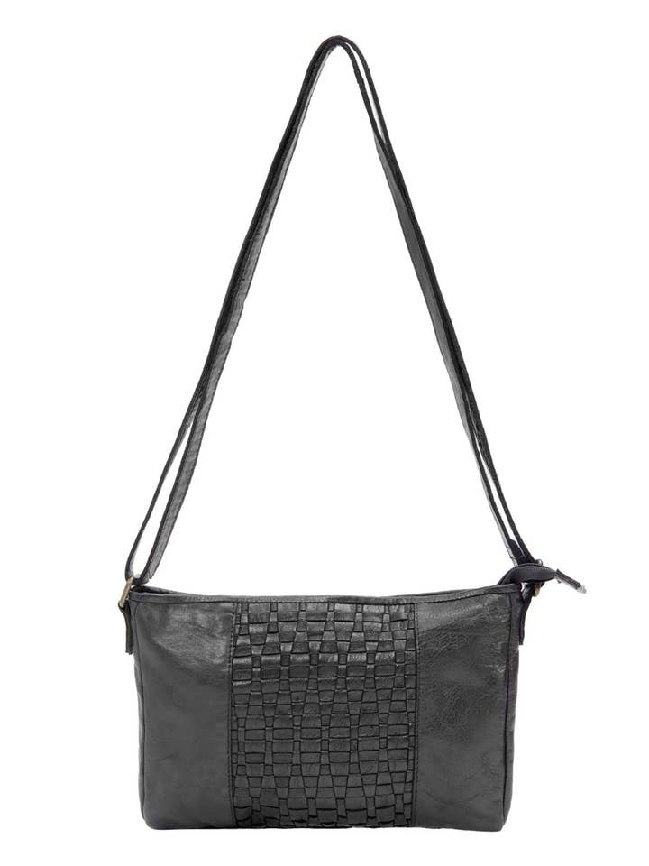 JINDABYNE SML WOVEN PANELLED LEATHER XBODY BAG- A-0003-BLACK for wholesale by Serenade Beverly Hills Collection