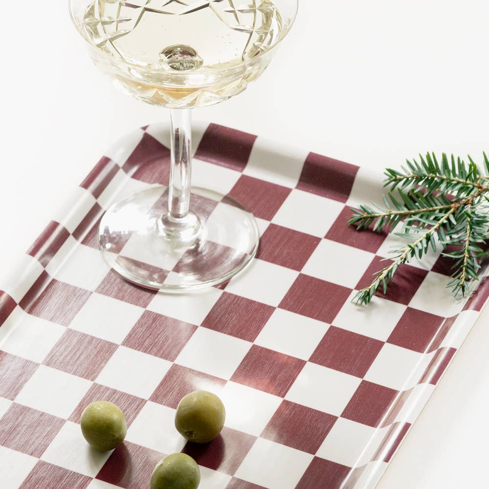 BLU KAT - Wholesale Serving Tray - Burgundy / Cream CHECKER Serving Tray - 27x20 cm1