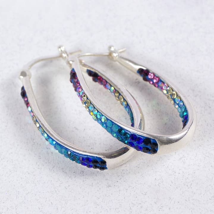 PE-8315 / CRYSTAL & SILVER INSIDE OUTSIDE HOOP EARRINGS for wholesale by Mosaico Jewels