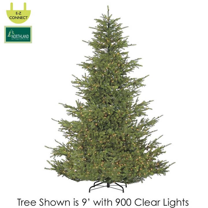 9'Hx81"D Oregon Spruce Tree x6120 w/900 Clear Lights Easy Connect on Metal Stand Green for wholesale by Silk Flower Depot