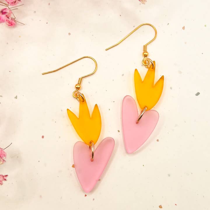 (Yellow/Pink) Flaming Heart Charm Acrylic Earrings for wholesale by Hoity Toity Goods
