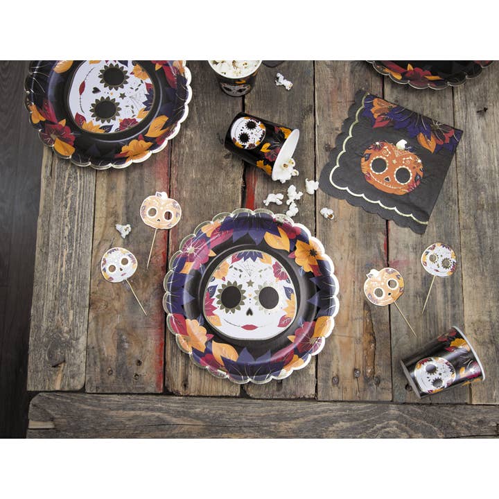 Tim&Puce Factory - Vendita all'ingrosso Piatti monouso - PIATTI SMERLATI 23 CM DIA DE LOS MUERTOS E ORO X 83
