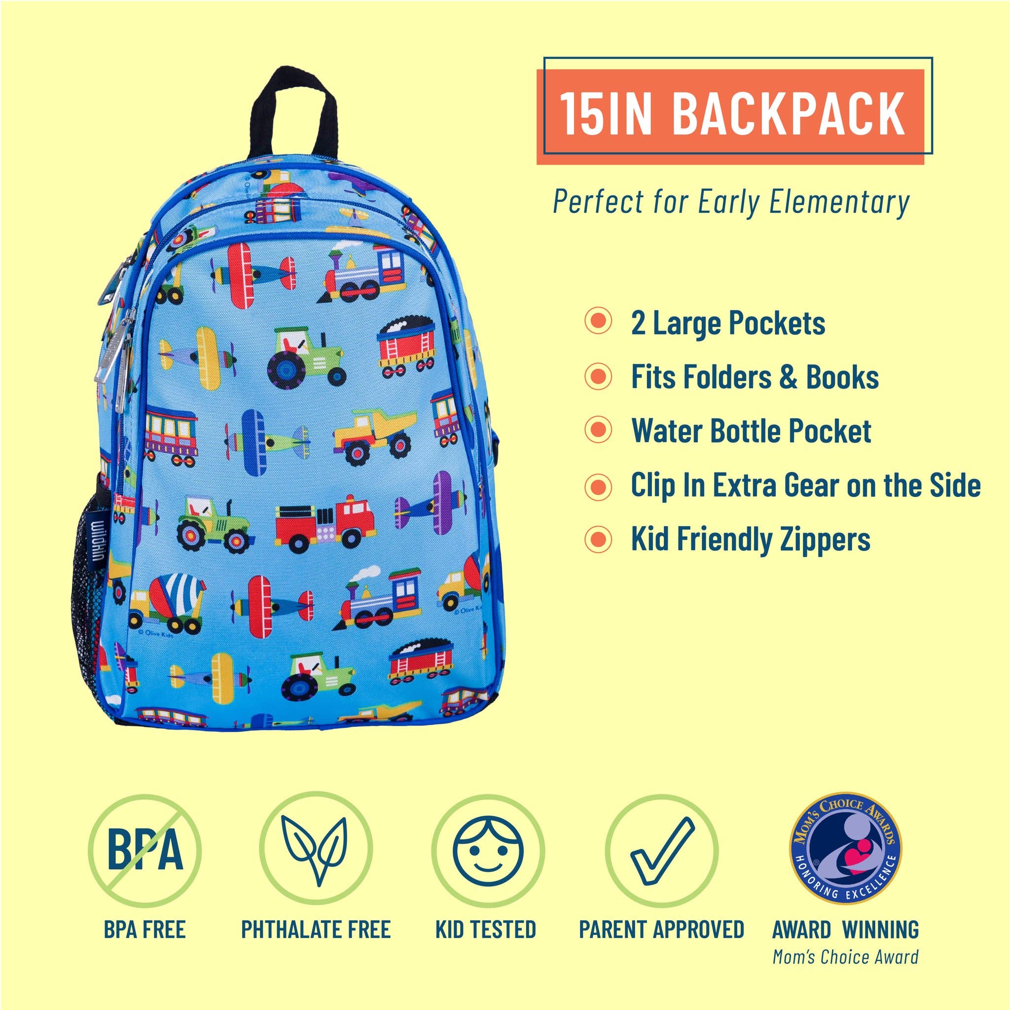 Wildkin - Wholesale Backpack - Kids - Trains Planes and Trucks Backpack - 15 Inch1