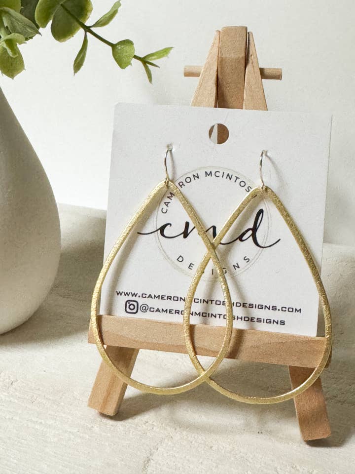 Large Light Brushed Gold Teardrop Earrings on Hook for wholesale by Cameron McIntosh Designs