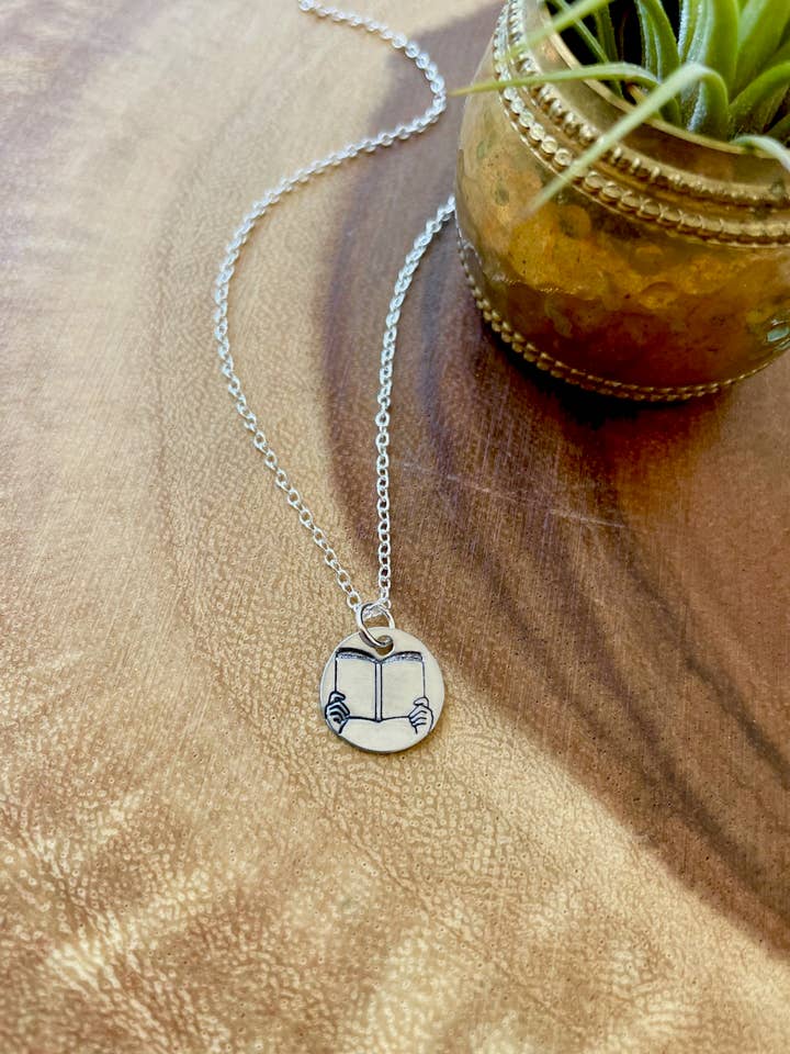 Open Book Hand Stamped Necklace for wholesale by Adventures in Bloom